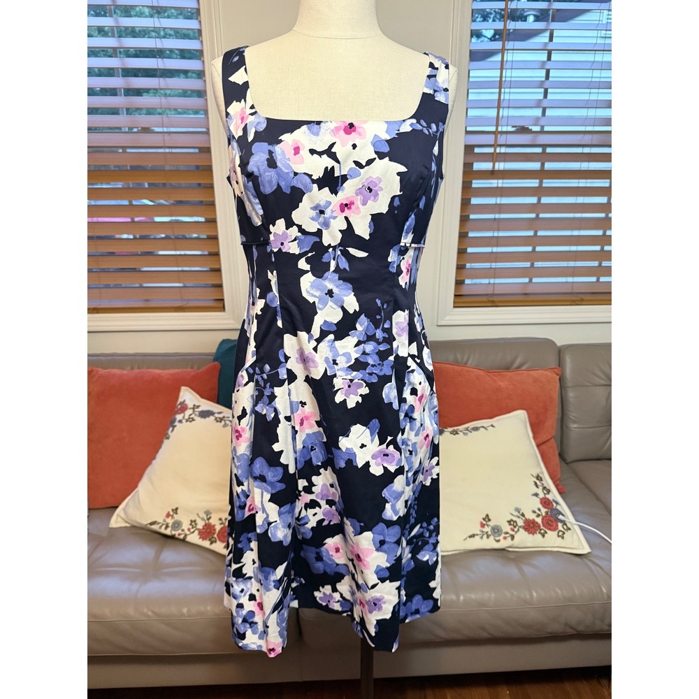 Lauren Ralph Lauren Floral Square Neck Sheath Dress Navy Blue Pink Petite 10P